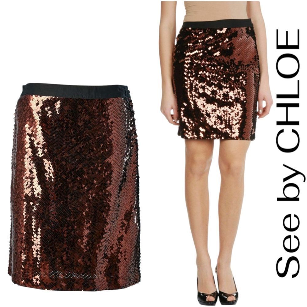 CHLOÉ See by Chloe Sequin Skirt Bronze Pencil  $1300 Small